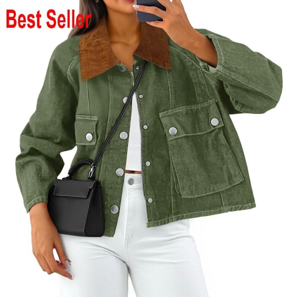 Cropped Denim Jacket Corduroy Collar Button Down Casual Barn Style